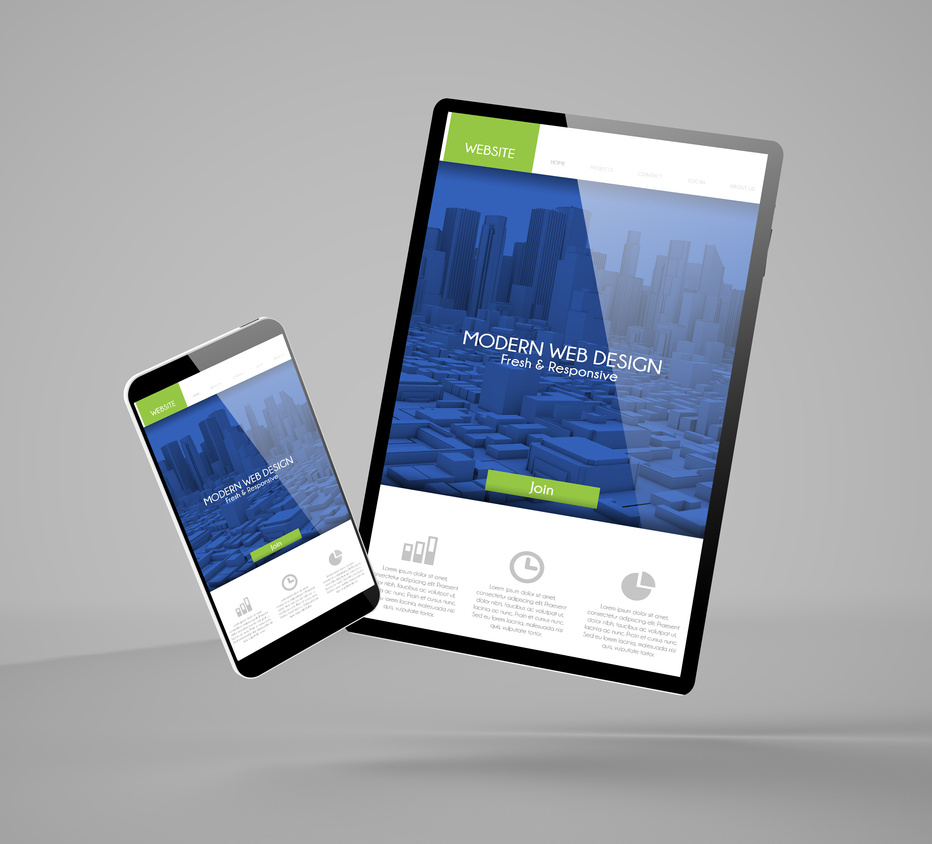 Flying Smartphone and Tablet with Modern Website Landing Page Mo